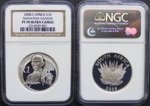 Four Peace Champions.Item 1 of 4.2008 Silver R1 Mahatma Gandhi.Finest known and first to be graded.