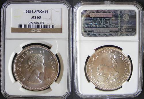 High grade Union of SA Silver Crowns:Item 3 of 4:1958 NGC MS63.R1 Start