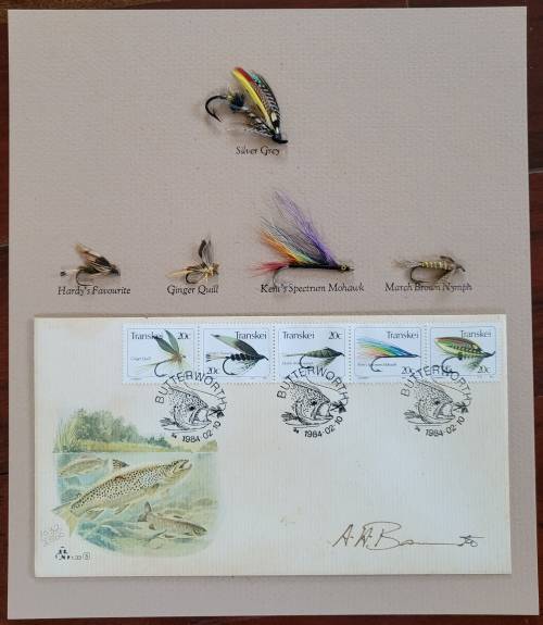 Transkei fishing fly cover (toned) signed by artist + real fishing flies
