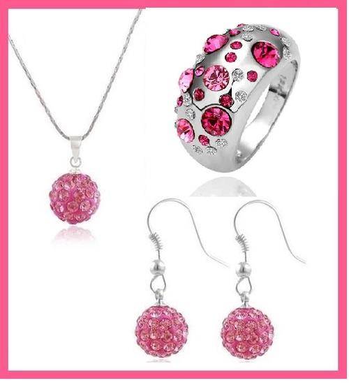 REDUCED SHIPPING**DISCO BALL NECKLACE EARRINGS & 18K WHITE GOLD PLATED RING WITH AUSTRIAN CRYSTALS**