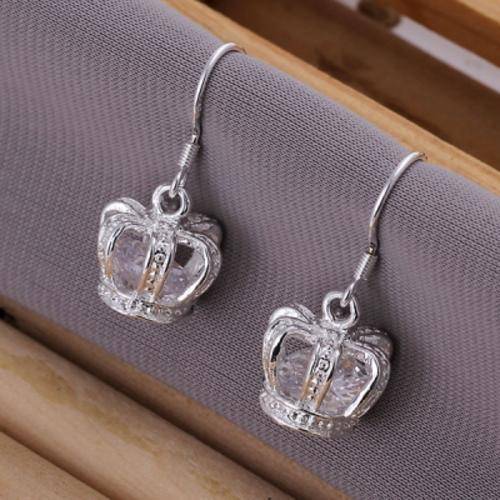 SILVER PLATED CROWN CRYSTAL EARRINGS