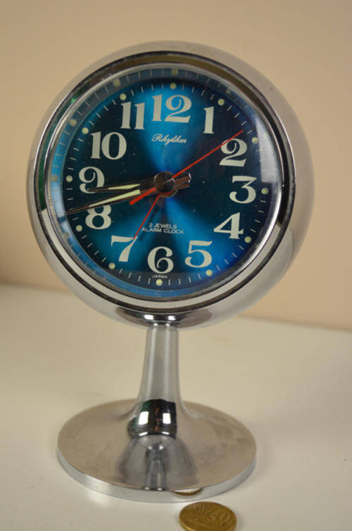 Japanese 1970's Rhythm Pedestal  2 jewels alarm clock with silver coloured casing and pedestal