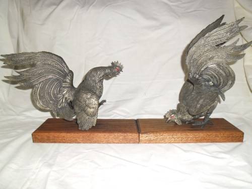 Large vintage Brass pair of table Fighting Cocks. Circa 1950's