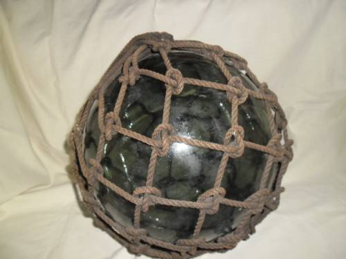 Large  1930's  Japanese Glass Fishing Float with original rope and makers mark.