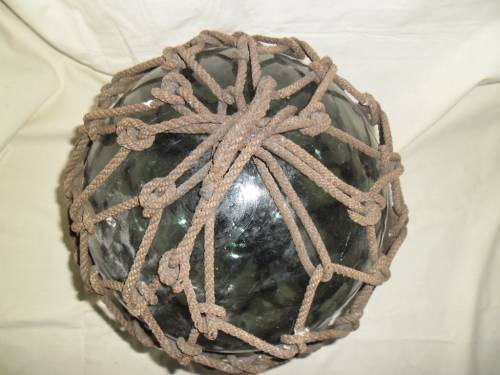 Large  1930's  Japanese Glass Fishing Float with original rope and makers mark.