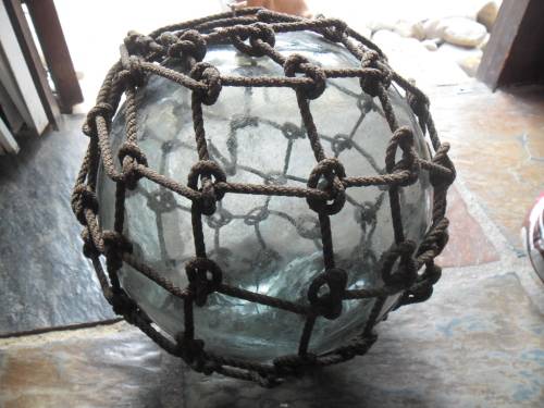 Large  1930's  Japanese Glass Fishing Float with original rope and makers mark.