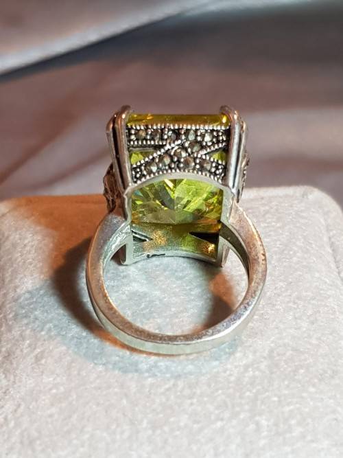 Silver Peridot Green Zirconia and Marquizite Ring