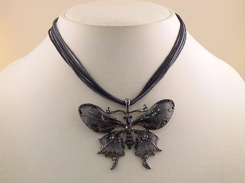 Mesmerizing Jet Black Austrian Crystal, Enamel Butterfly Necklace and Earring Set