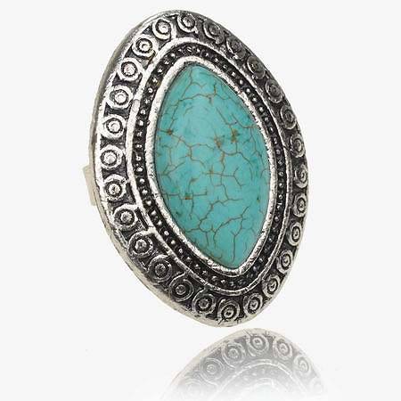 Handcrafted Natural Turqoise & Tibetan Silver Ring - Adjustable Size