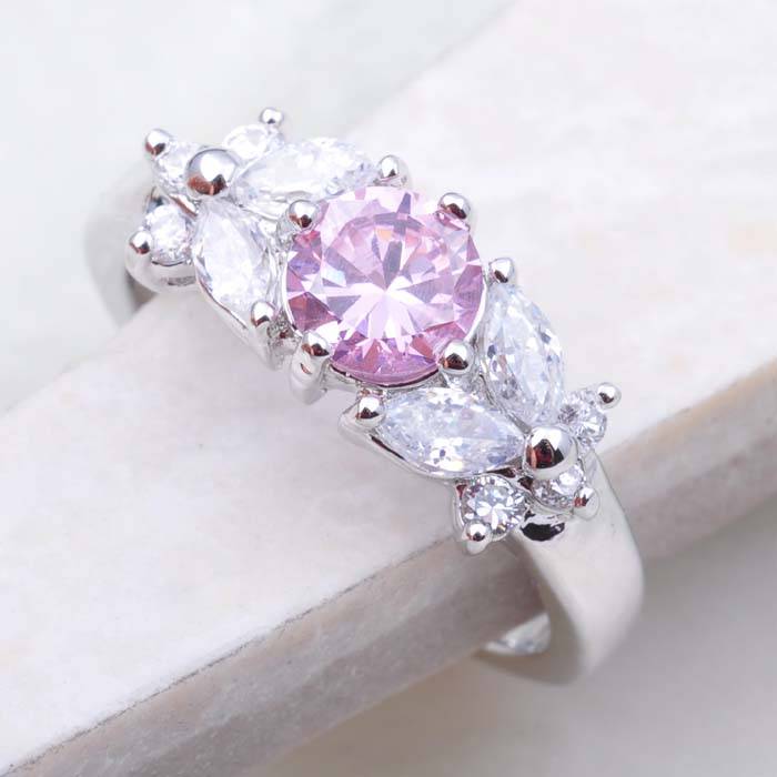 Pink & White Topaz & 18K WGP Dress Ring- Size 7.75
