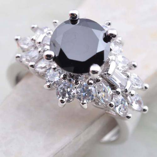 Black Quartz, White Topaz Silver Dress Ring- Size 7.75