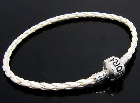 925 Silver, White Leather Charm Bracelet - Fits Pan & Euro Beads - 20 cm