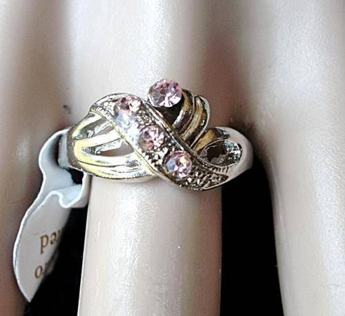 Pink Rhinestone Electroplated Silver Ladies Fashion Ring - Size 18 / 9 / R1/2