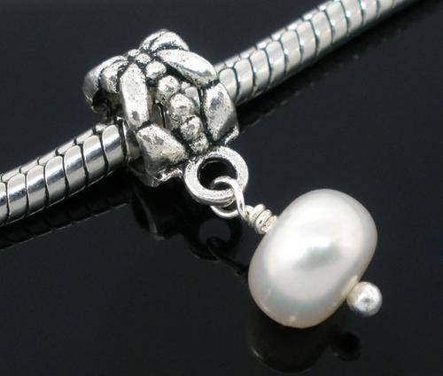 Tibet Silver & Real Freshwater Pearl "Dangle" charm - Fits Pan & Euro Bracelet