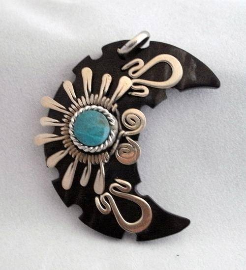 Unique Handcrafted Bull's Horn & Alpaca Silver Pendant - Moon + Pendant Cord