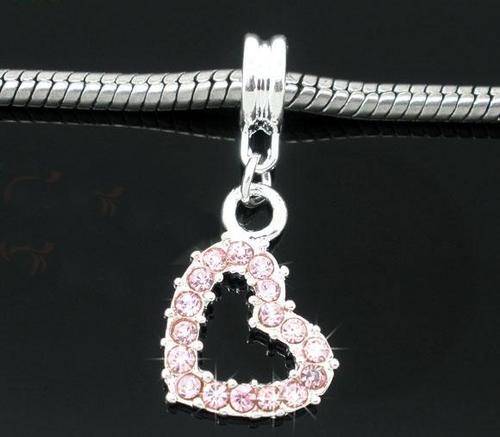 Silver Plated Pink Rhinestone Heart "Dangle" charm - Fits Pan & Euro Bracelet