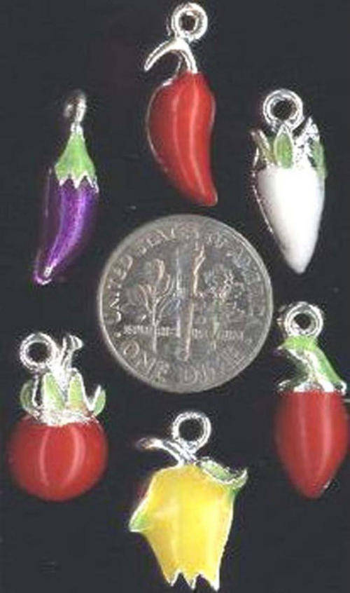 6pcs Antiqued Silver & Enamel Assorted Chilli Charms