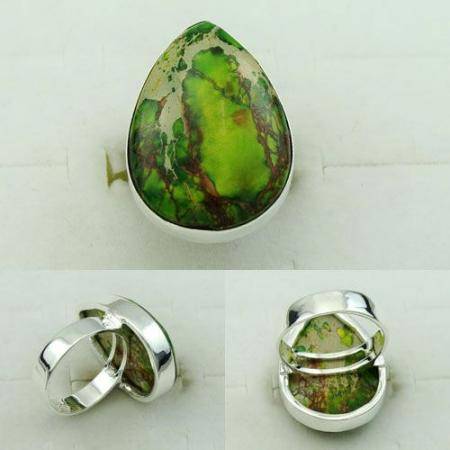 Natural Green Coral Jasper & 925 Stamped Silver Ring - Size 8