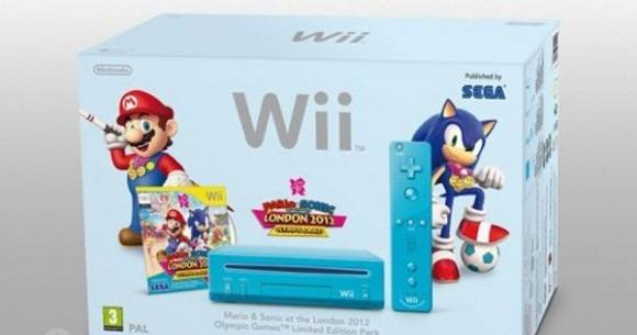 Nintendo blue Wii + Mario & Sonic 2012 Olympics game + Mario Kart + Wii wheel bundle