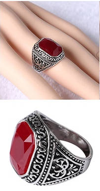 Men Women Vintage Carved Geometric Big Resin Stone Ring - Red - Size 7