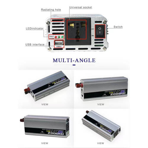 2000W 220V Silver Inverter Car Battery Converter Electrical Switch