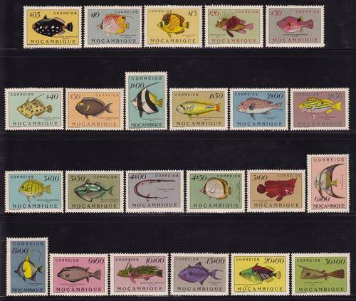 RARE MOCAMBIQUE FISH SET COMPLETE TO 30$00 - MISSING ONLY THE TOP VALUE - MOUNTED MINT - SELDOM SEEN