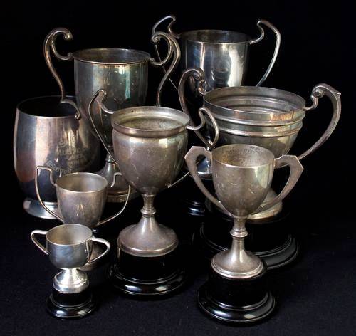 Silver plated trophies, cups and mug - in very good condition - 8 items in total