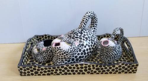 Cat Figurine Teapot, Sugar Holder, Milk Jug & Tray