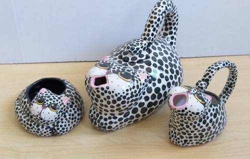 Cat Figurine Teapot, Sugar Holder, Milk Jug & Tray