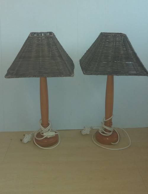 Set of 2 Wooden Table Lamps with Wicker Shades
