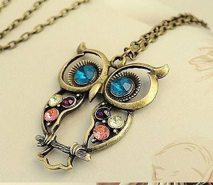 PRETTY BRONZE RHINESTONE OWL PENDANT CHAIN NECKLACE