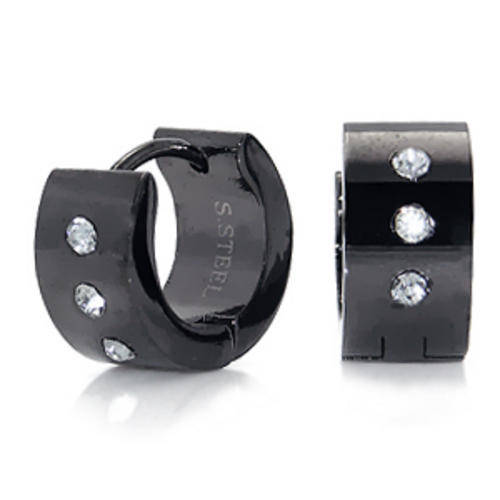 Black Stainless Steel &White Crystal Huggies Earrings