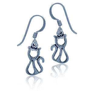 Sterling Silver 925 Cat Dangle Earrings