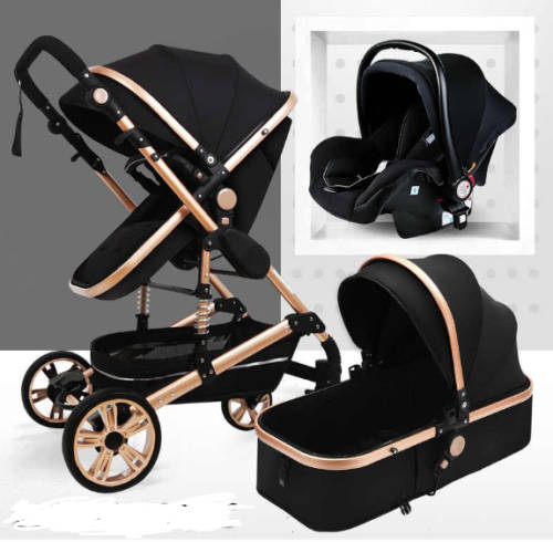 Baby Pram Stroller - 3 Function Foldable Baby Pram with Car Seat- Black & Gold