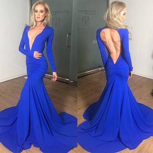 Blue  V Plunging Neck Open Back Dress Medium
