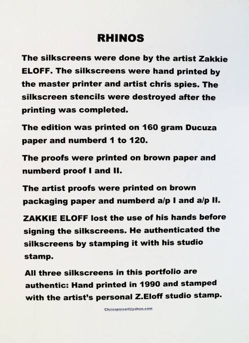Zakkie Eloff, Rhinos Studio made pulication with three hand printed silkscreens. Studio stamped.