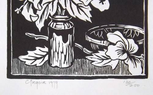 Gregoire Boonzaier HIBISCUS, Hand printed lino. Pencil signed and numbered.