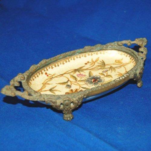 Vintage Chinese HUA RONG TANG ZHI Hand Painted Porcelain Bronze Dish - Length 215mm Width 95mm