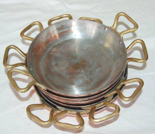 Set of 6 Copper Saute Pans with Brass Handles - Diameter 160mm Depth 30mm