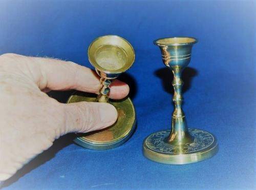 Pair of Small Quality Brass Etched Candle Sticks - Height 90mm