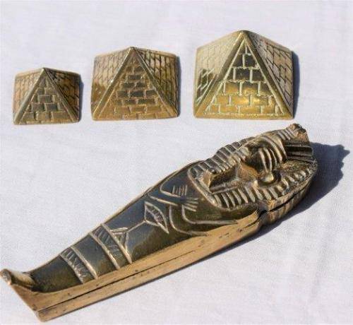 Quality Miniature Brass Sarcophagus and the 3 Pyramids of Giza. Sold as 1 lot . See Pictures