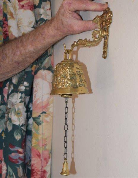 Vintage Brass Sanctuary Bell with Adam and Eve Serpent Hook. See description for details