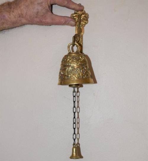 Vintage Brass Sanctuary Bell with Adam and Eve Serpent Hook. See description for details