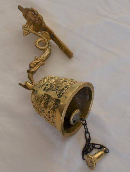Vintage Brass Sanctuary Bell with Adam and Eve Serpent Hook. See description for details
