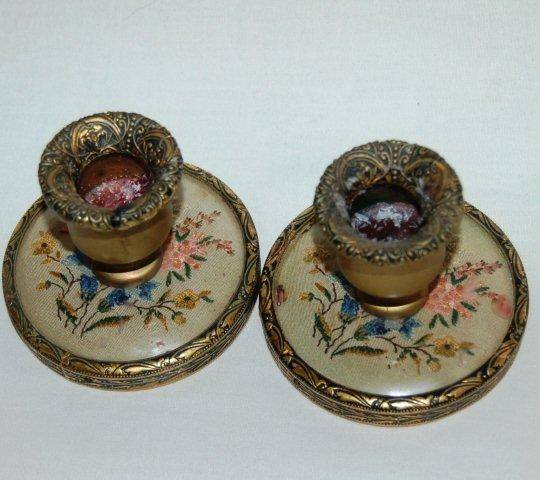 Antique Pair of Petit Point Candle Holders - Diameter 80mm and Height 60mm