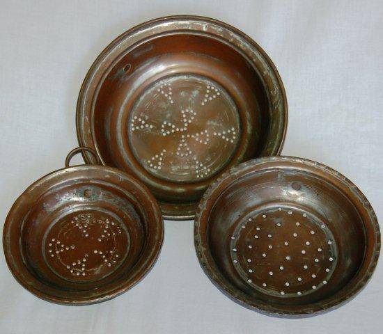 Set of 3 Antique Copper and Tin Kitchen Sieves with Hangers - Largest is 225 mm Diameter