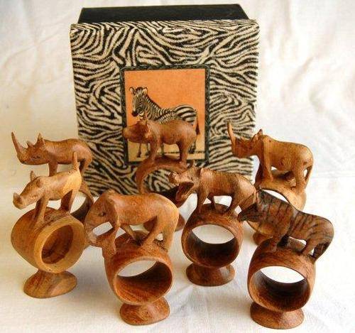 7 Olive Wood (Animal Figurine) Hand Carved Napkin Rings