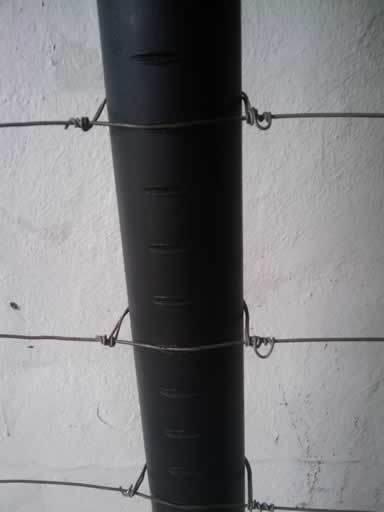 The wire of the fence tied to the plastic dropper.