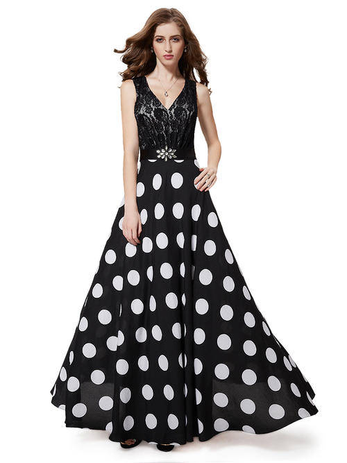 Sexy V-neck Black Lace And Polka-dotted Maxi Dress