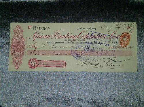 South African Bank Cheque From 1909